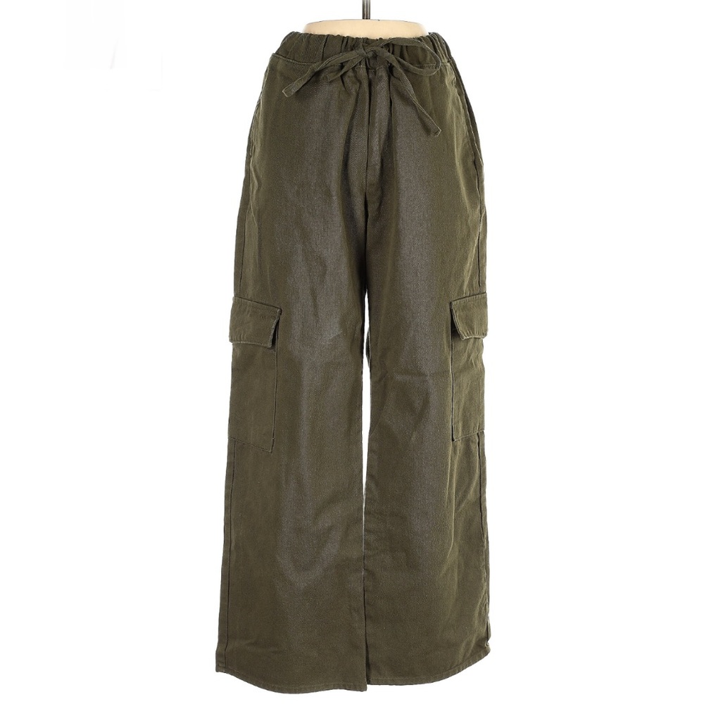 Olive Wide-Leg Cargo Pants with Drawstring Waist